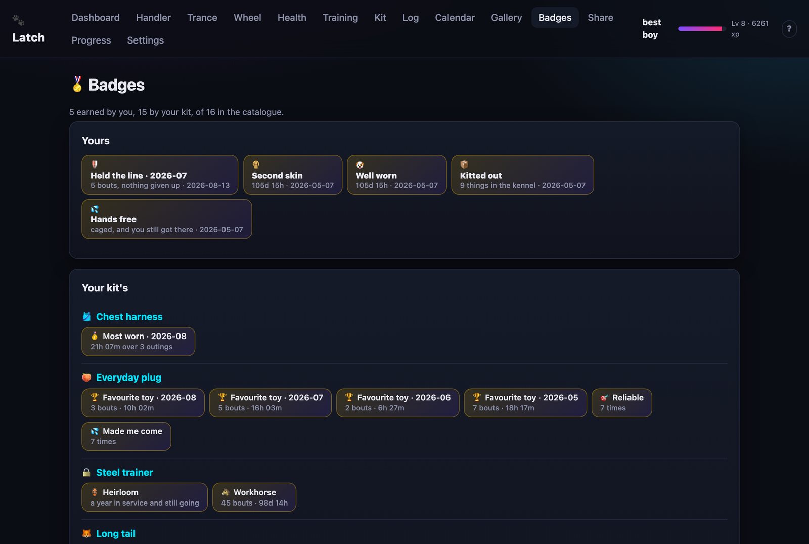 Badges page with earned badges and the full catalogue