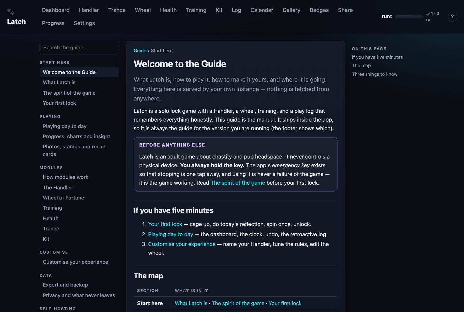 The in-app guide with a sidebar and search