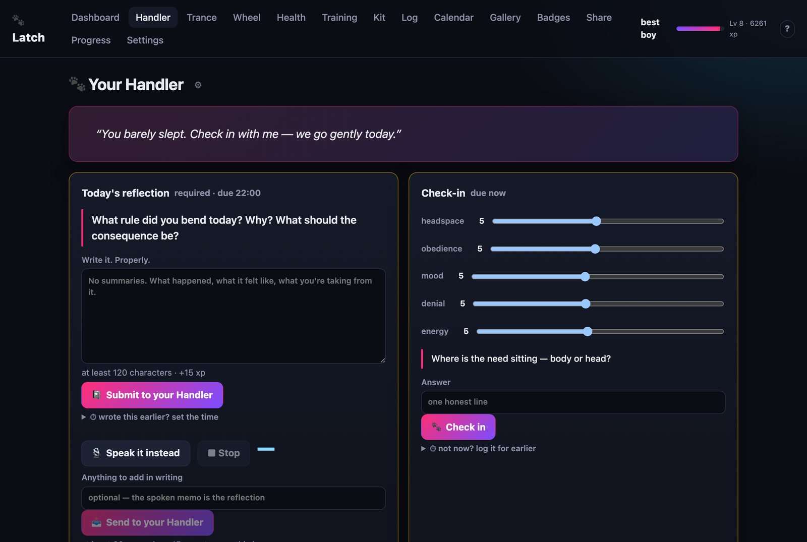 The Handler page: reflection prompt and check-in sliders
