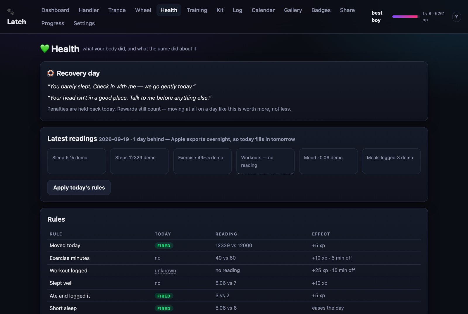Health page with recovery-day notice and rule table