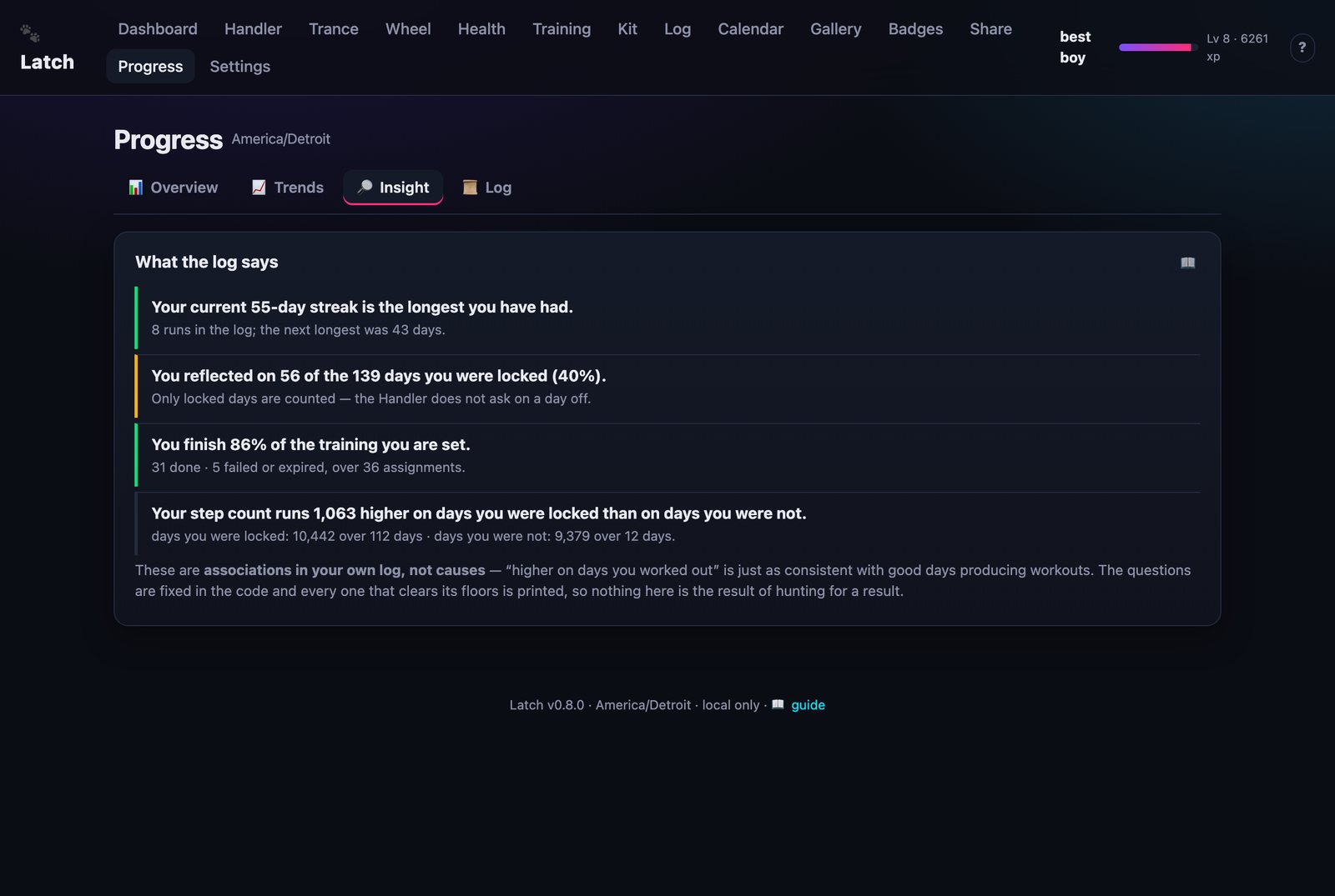Insight tab listing observations about the play log