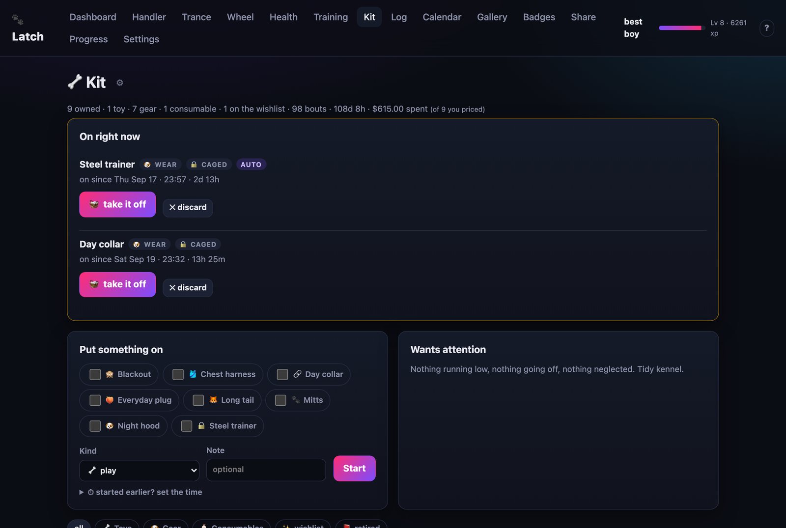 Kit page showing gear currently worn and items wanting attention