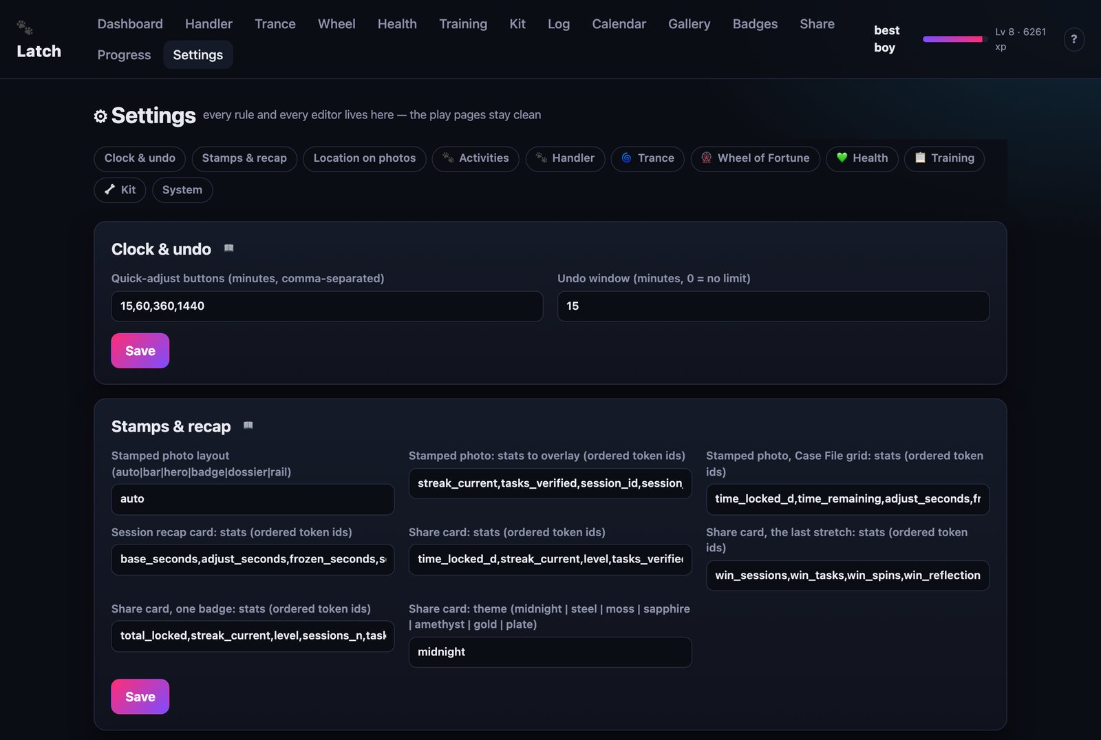 Settings page with sections for clock, stamps and modules