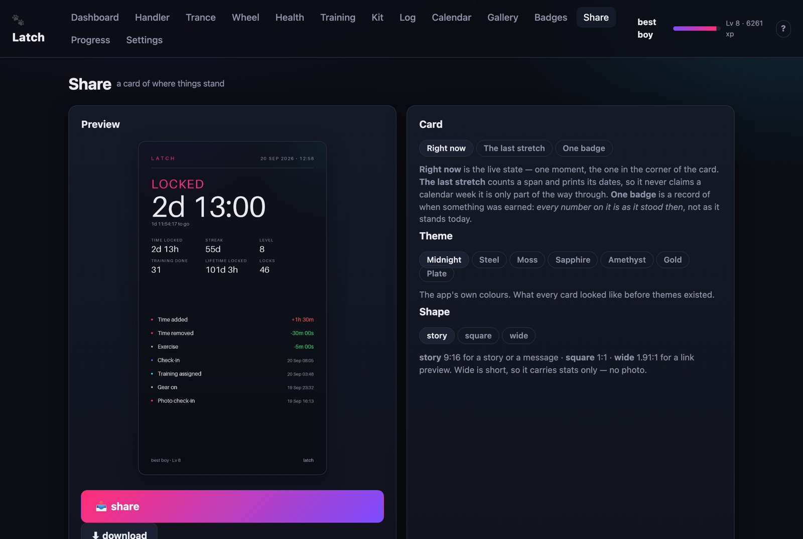 Share card builder with a preview and theme picker