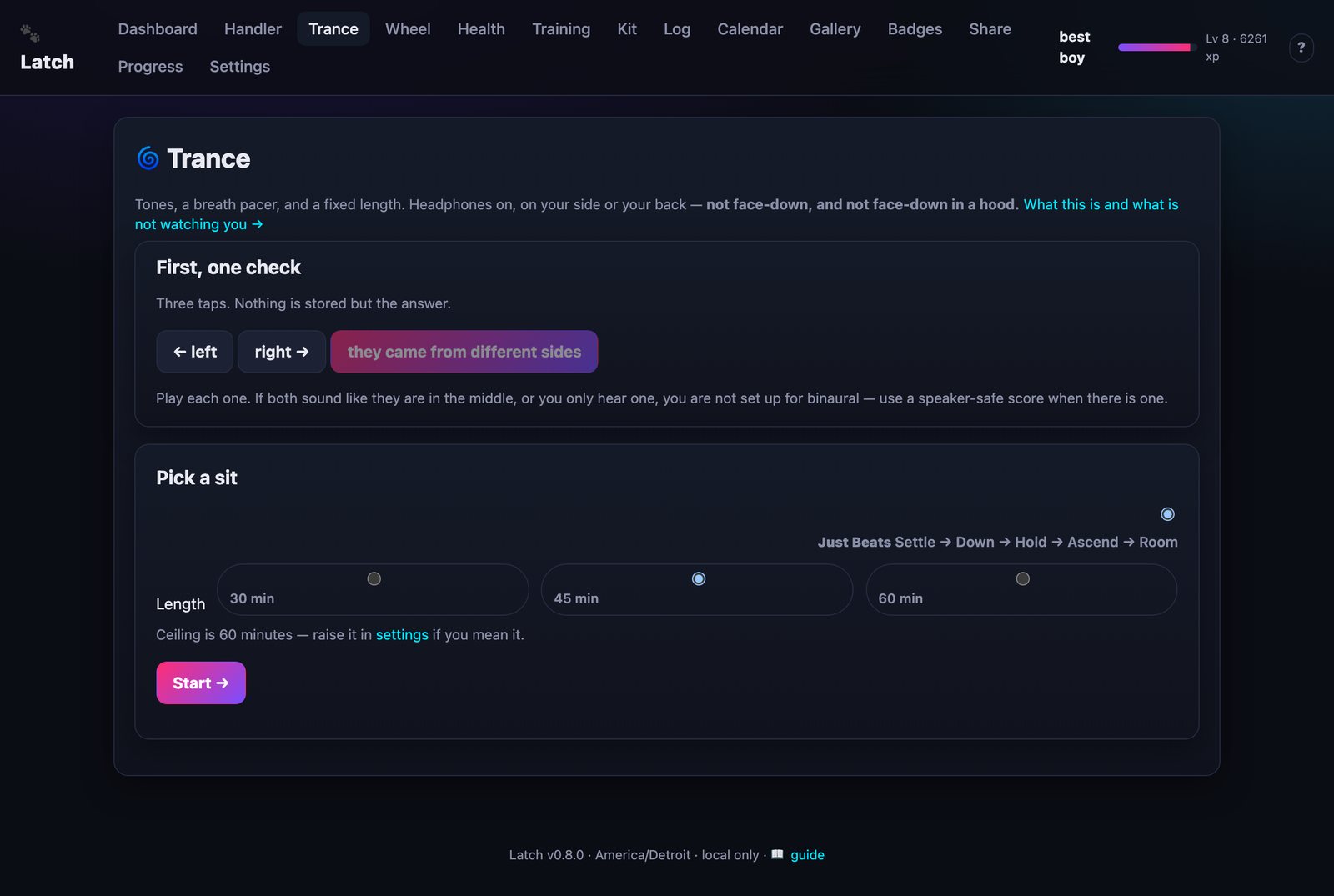 Trance session setup screen