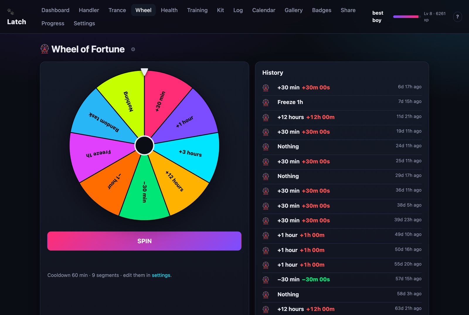 Wheel of Fortune with coloured segments and a spin history